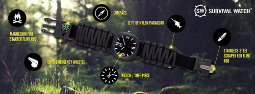 Survival Watch w/ Fire Starter & Survival Gear