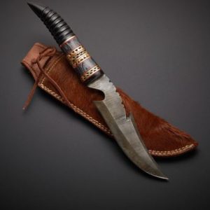 Handmade Damascus Hunting Knife with Bull Horn Handle